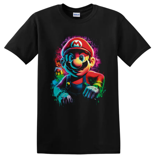 Mario Super Mario Bros neon graffiti character art with colorful paint splashes on a Black T Shirt