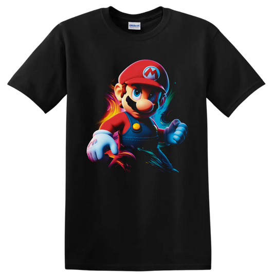 Mario Super Mario Bros action portrait with vivid neon-style color swirls on a Black T Shirt
