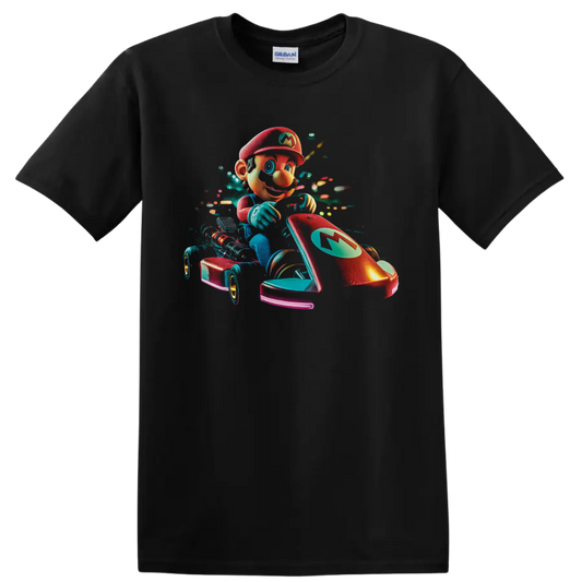 Mario racing a red go kart in vibrant neon retro arcade artwork on a Black T Shirt