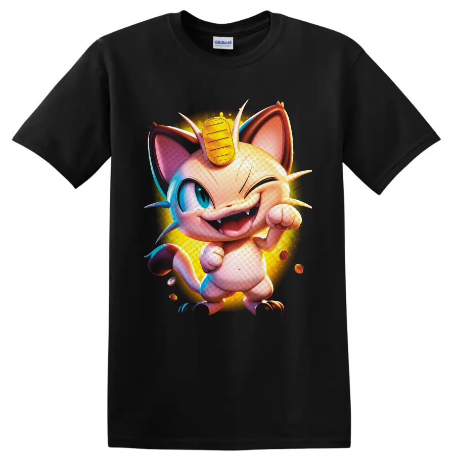 Winking Meowth with forehead coin, floating coins, and glowing cartoon artwork on a Black T Shirt