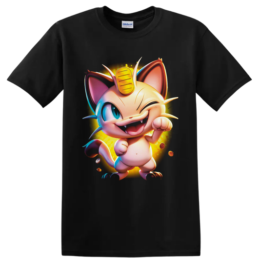 Winking Meowth with forehead coin, floating coins, and glowing cartoon artwork on a Black T Shirt