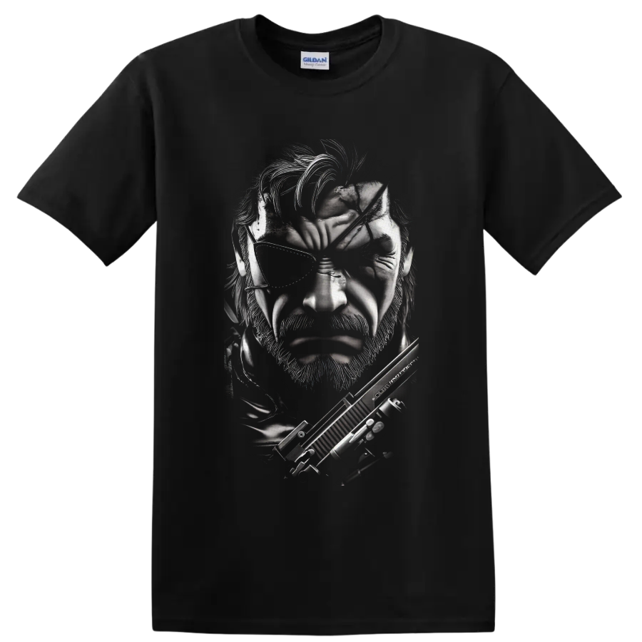 Solid Snake monochrome tactical portrait with eyepatch and rifle on a Black T Shirt