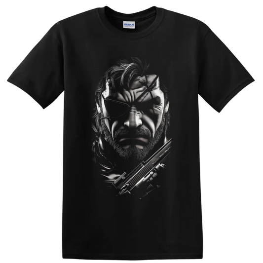 Solid Snake monochrome tactical portrait with eyepatch and rifle on a Black T Shirt