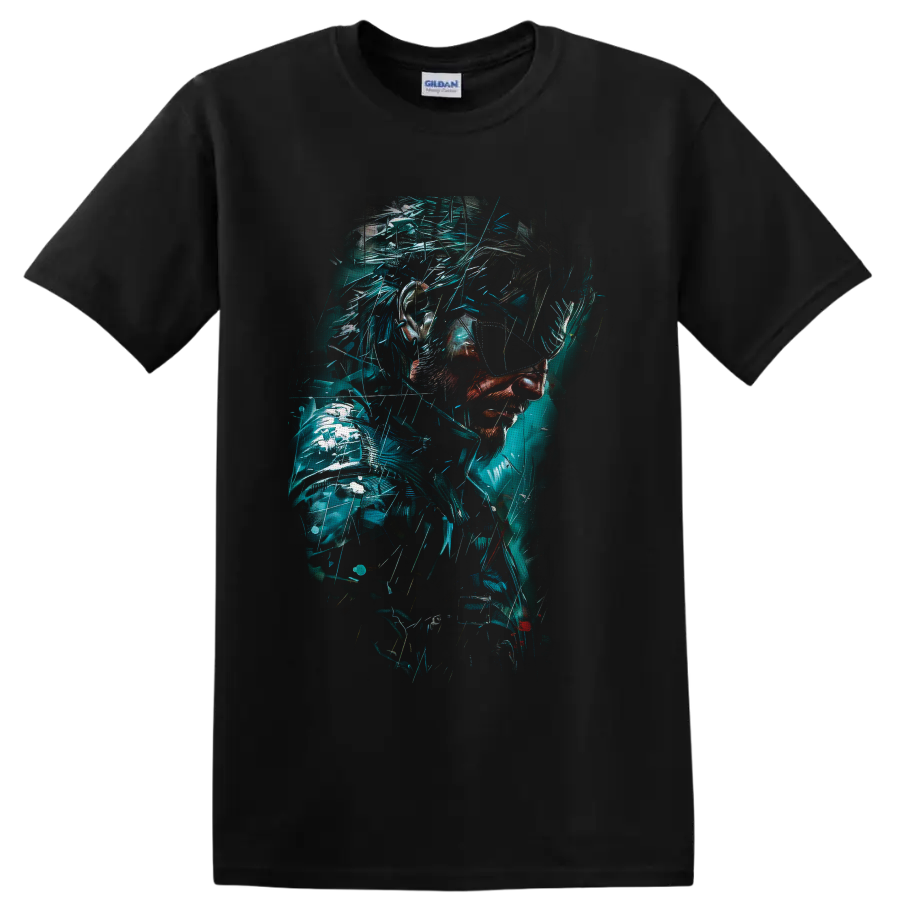 Venom Snake cyberpunk portrait with teal glitch fragments and tactical armor on a Black T Shirt