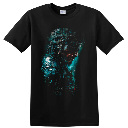 Venom Snake cyberpunk portrait with teal glitch fragments and tactical armor on a Black T Shirt