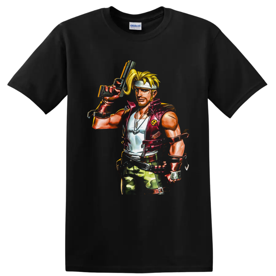 Marco Rossi retro arcade soldier illustration with headband, handgun, vest, and camo gear on a Black T Shirt