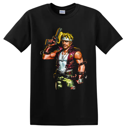 Marco Rossi retro arcade soldier illustration with headband, handgun, vest, and camo gear on a Black T Shirt