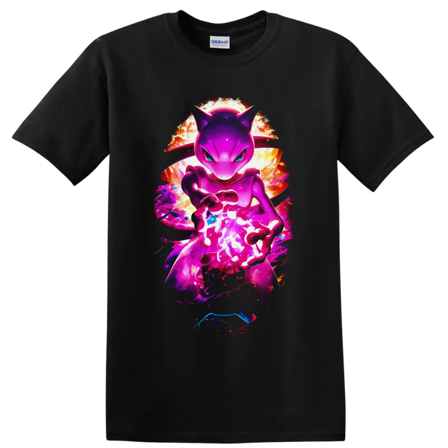 Mewtwo charging a glowing psychic energy orb in neon cosmic anime-style artwork on a Black T Shirt