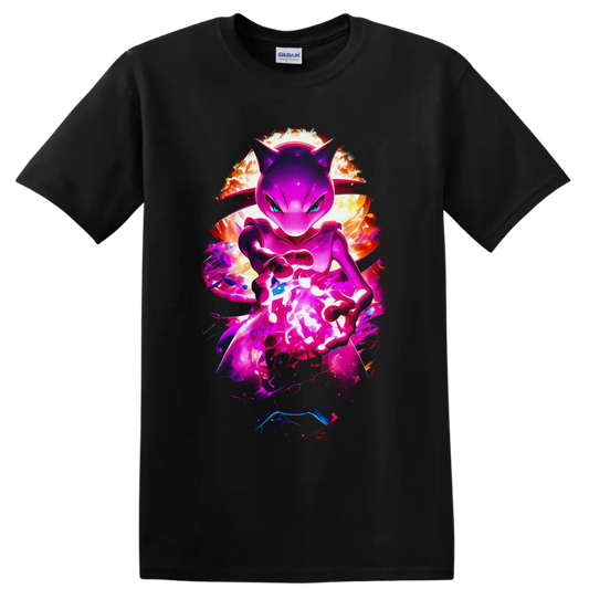 Mewtwo charging a glowing psychic energy orb in neon cosmic anime-style artwork on a Black T Shirt