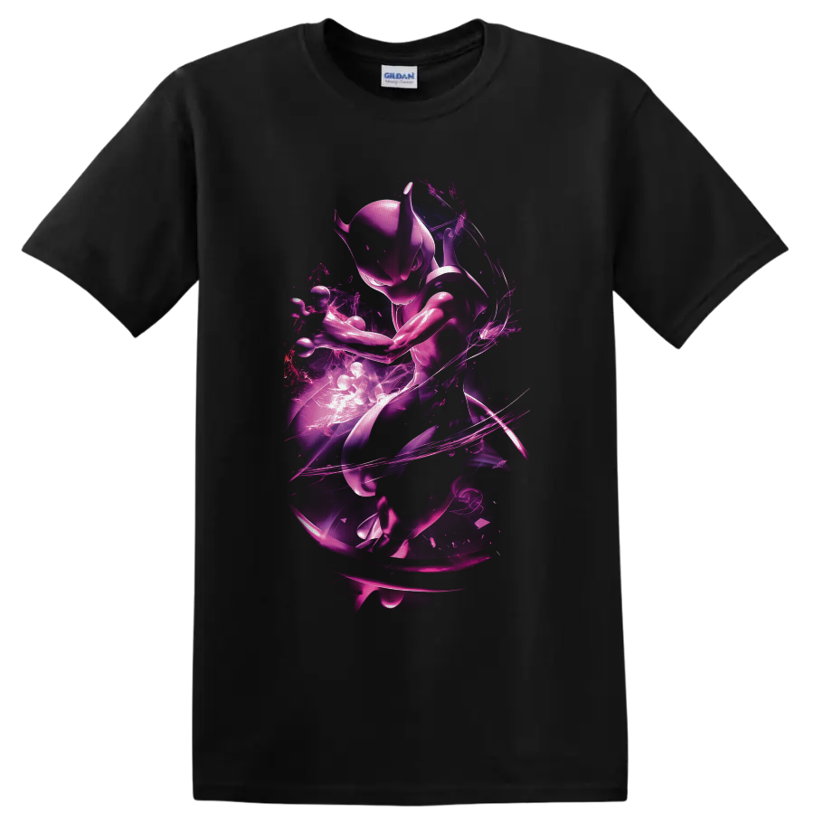 Mewtwo in a purple neon psychic energy aura with swirling light trails on a Black T Shirt