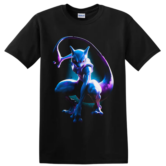 Mewtwo in neon blue and purple psychic aura character art on a Black T Shirt