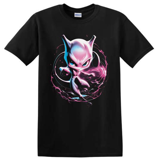 Mewtwo neon psychic energy artwork with pink, violet, and blue swirling aura on a Black T Shirt