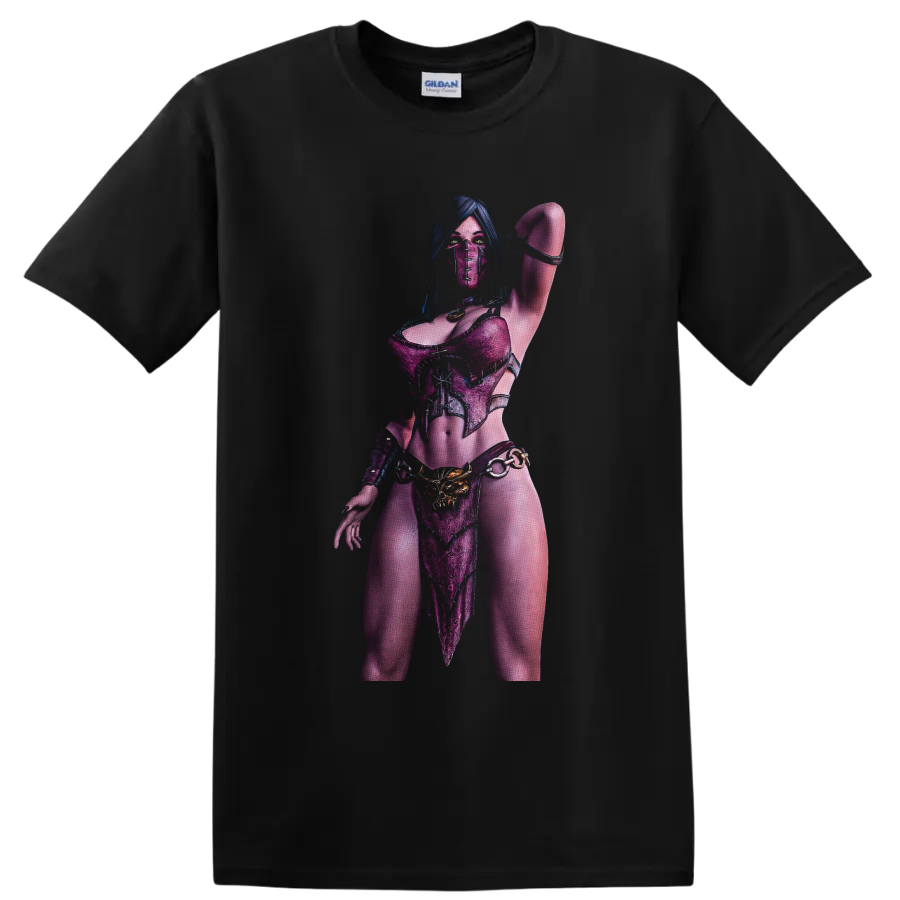 Mileena masked warrior in purple armor with glowing eyes and raised-arm pose on a Black T Shirt