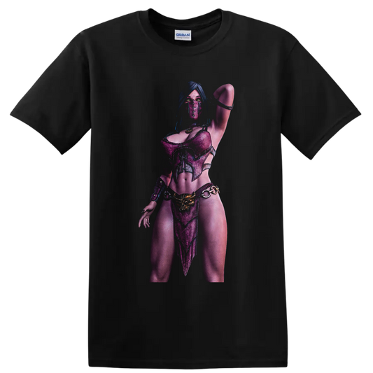 Mileena masked warrior in purple armor with glowing eyes and raised-arm pose on a Black T Shirt