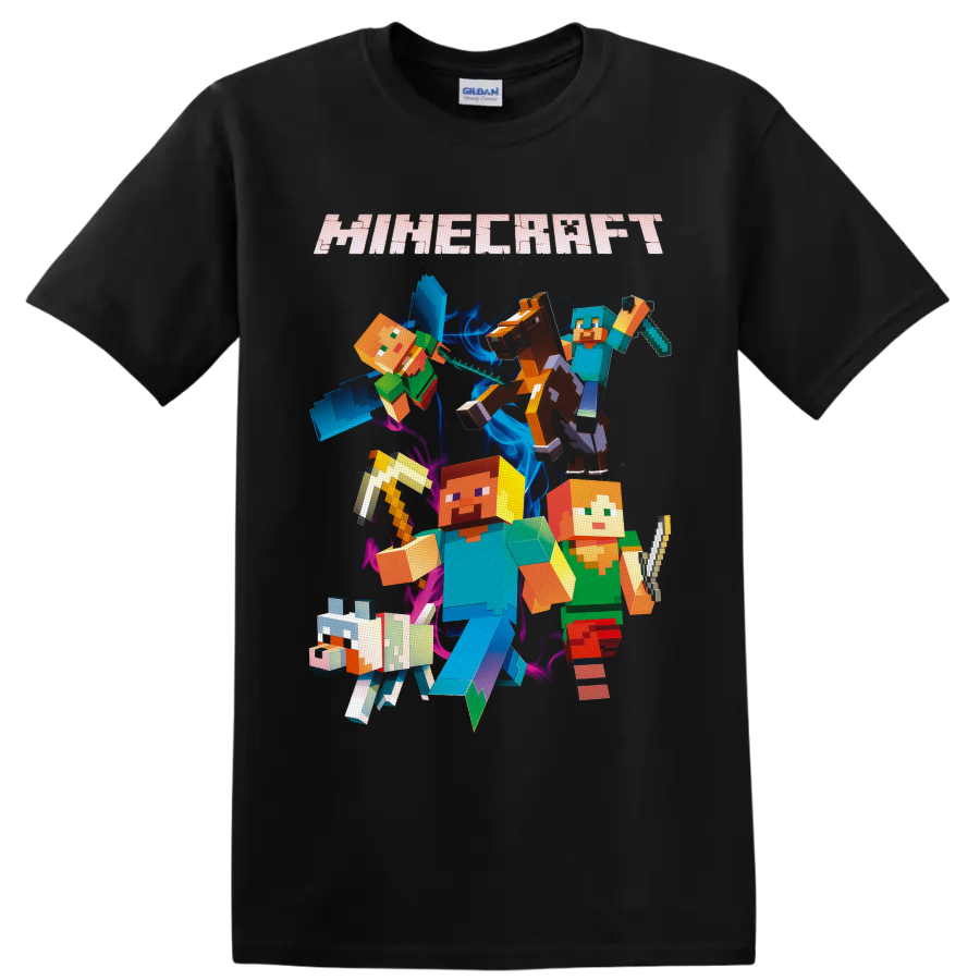Minecraft Steve and Alex pixel art with wolf, horse, sword, pickaxe, and logo on a Black T Shirt