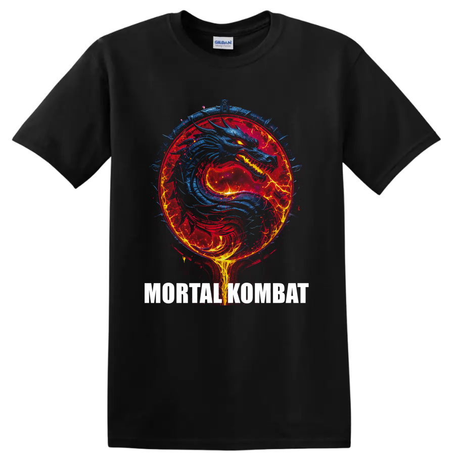 Blue dragon in a fiery red Mortal Kombat emblem with electric fantasy battle art on a Black T Shirt