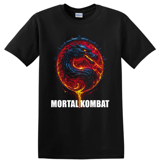 Blue dragon in a fiery red Mortal Kombat emblem with electric fantasy battle art on a Black T Shirt