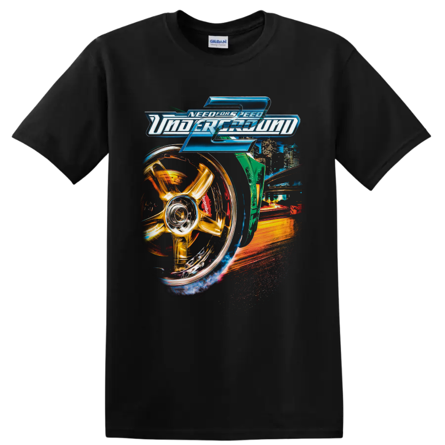 Need for Speed Underground 2 logo with gold wheel, neon city, and street racing artwork on a Black T Shirt