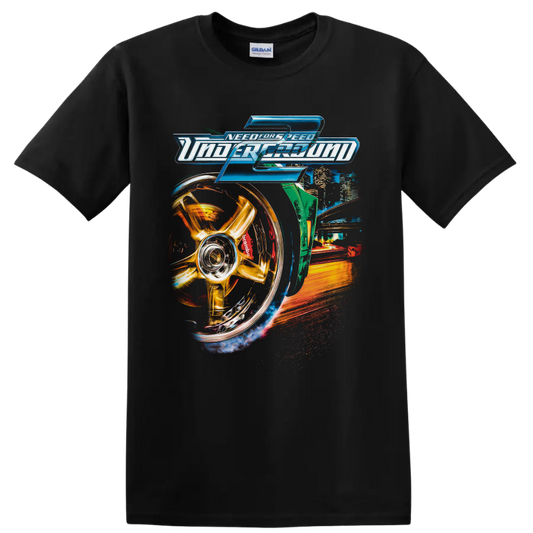 Need for Speed Underground 2 logo with gold wheel, neon city, and street racing artwork on a Black T Shirt