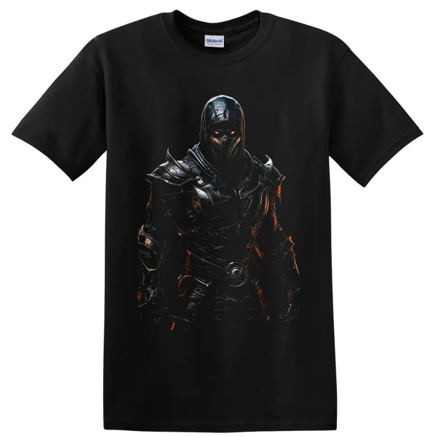 Noob Saibot Mortal Kombat shadow ninja in dark armor with glowing orange eyes on a Black T Shirt