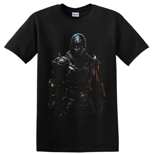 Noob Saibot Mortal Kombat shadow ninja in dark armor with glowing orange eyes on a Black T Shirt
