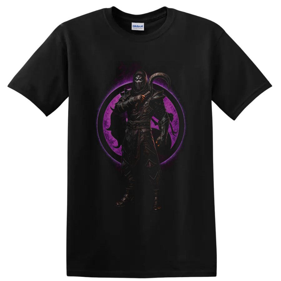 Noob Saibot armored shadow ninja with curved weapon and purple dragon emblem on a Black T Shirt