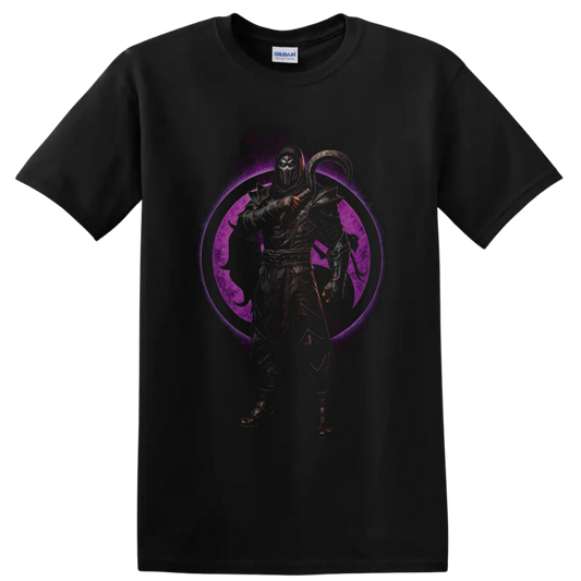 Noob Saibot armored shadow ninja with curved weapon and purple dragon emblem on a Black T Shirt