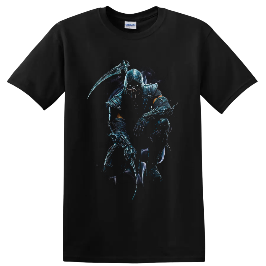 Noob Saibot shadow ninja with scythe, icy blue armor, and spectral smoke on a Black T Shirt