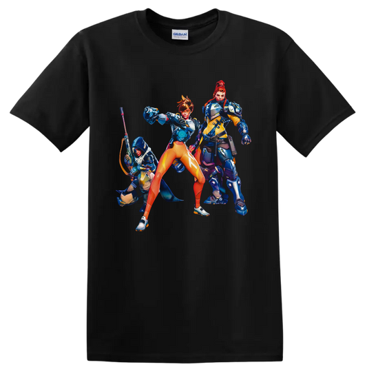 Tracer, Brigitte, and Ana in vivid Overwatch sci-fi hero squad artwork on a Black T Shirt