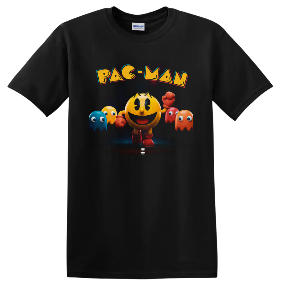 Pac-Man arcade fighter with colorful Ghosts and bold retro lettering on a Black T Shirt