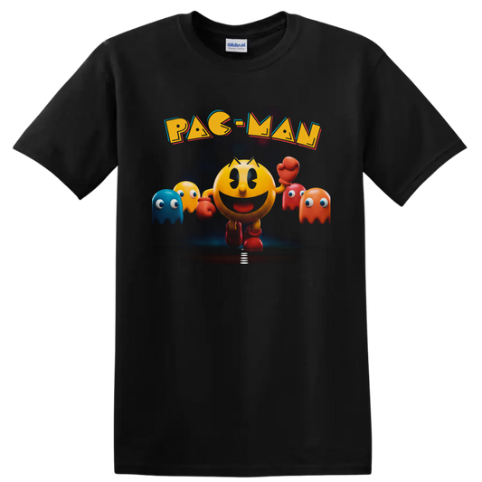 Pac-Man arcade fighter with colorful Ghosts and bold retro lettering on a Black T Shirt