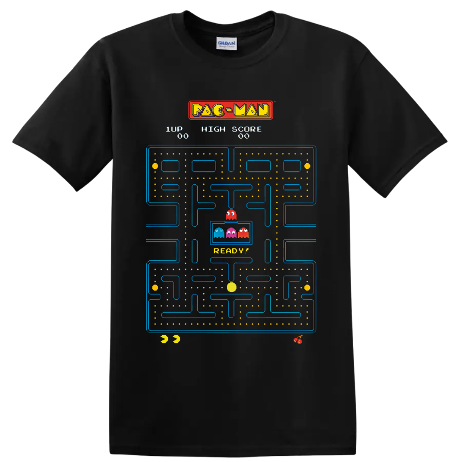 Pac-Man arcade maze with colorful Ghosts, dots, fruit icons, and score graphics on a Black T Shirt