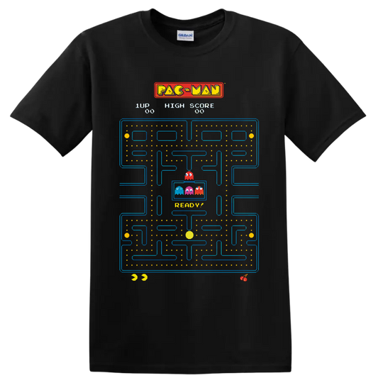 Pac-Man arcade maze with colorful Ghosts, dots, fruit icons, and score graphics on a Black T Shirt