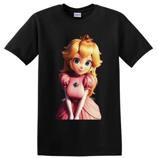 Princess Peach anime-style royal portrait with pink gown, jeweled crown, and blue gems on a Black T Shirt