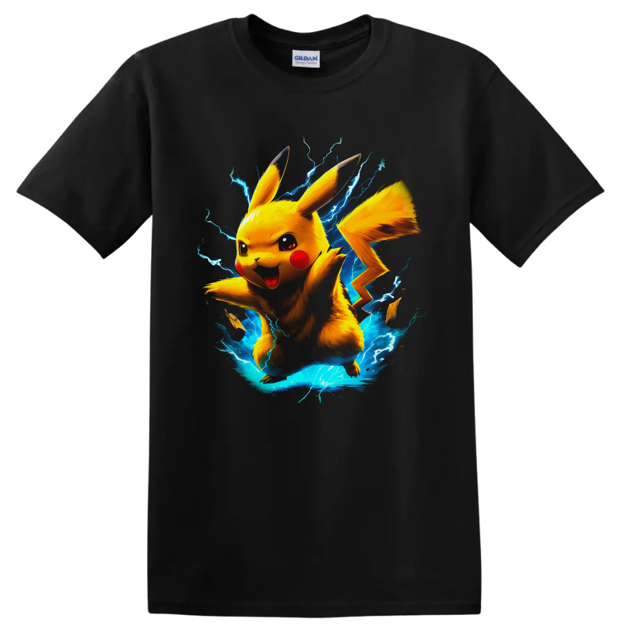 Pikachu with blue lightning in a vivid anime-inspired electric action graphic on a Black T Shirt