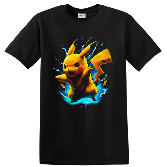 Pikachu with blue lightning in a vivid anime-inspired electric action graphic on a Black T Shirt