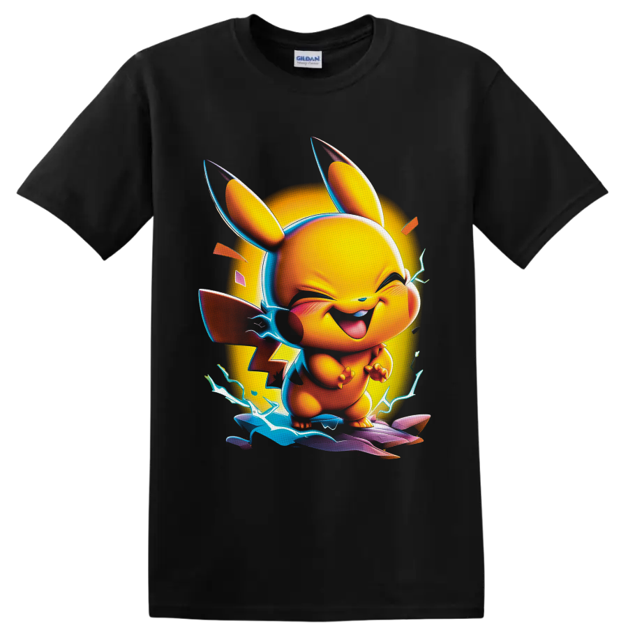 Pikachu neon cartoon with electric lightning, glowing circle, and colorful energy waves on a Black T Shirt