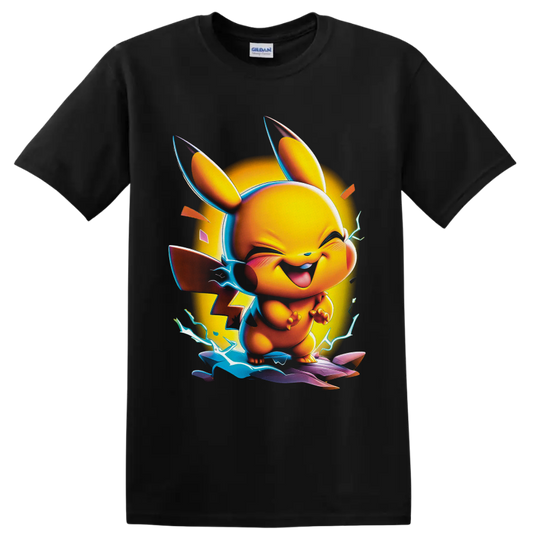 Pikachu neon cartoon with electric lightning, glowing circle, and colorful energy waves on a Black T Shirt