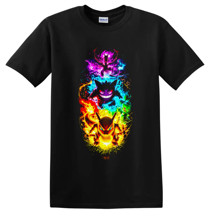 Charizard, Gengar, Mewtwo and Bulbasaur in vivid neon elemental energy art on a Black T Shirt