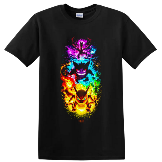 Charizard, Gengar, Mewtwo and Bulbasaur in vivid neon elemental energy art on a Black T Shirt