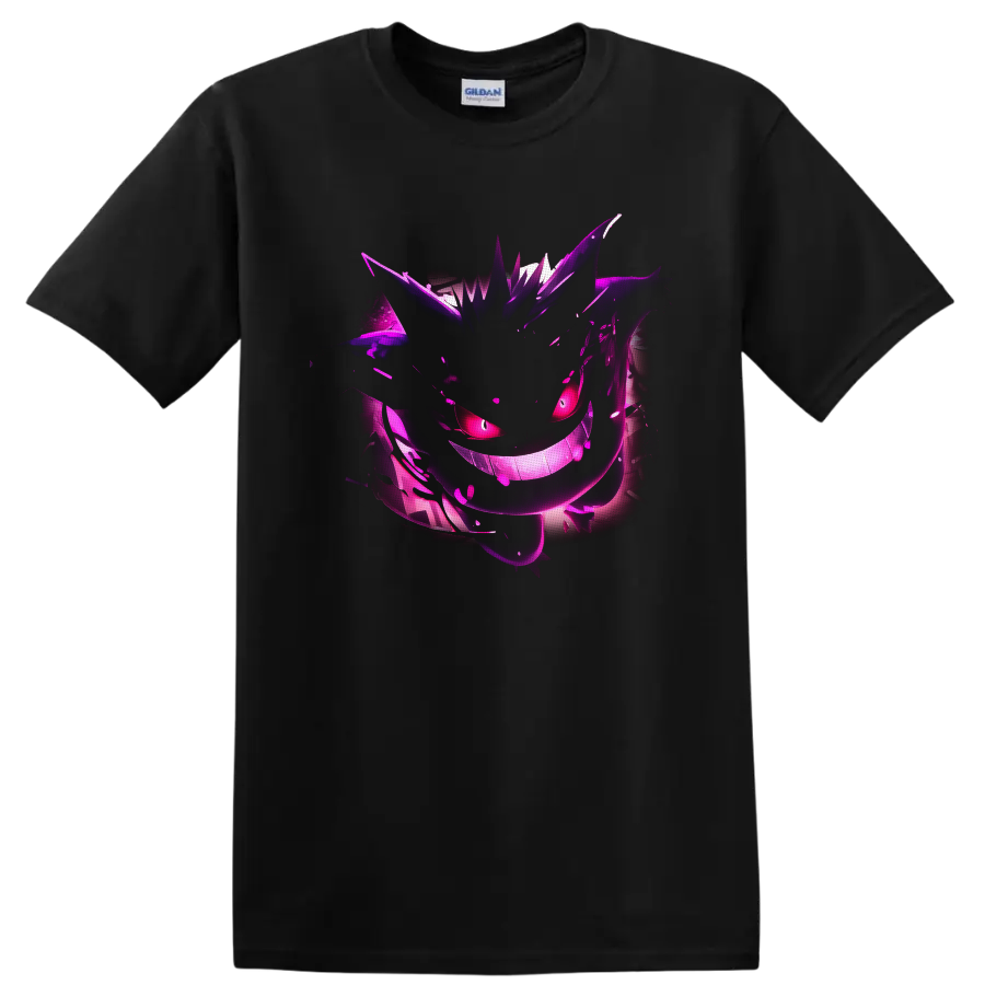 Gengar Pokémon neon purple ghost artwork with glowing eyes and a wide grin on a Black T Shirt