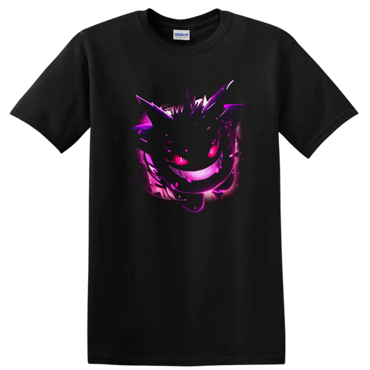 Gengar Pokémon neon purple ghost artwork with glowing eyes and a wide grin on a Black T Shirt
