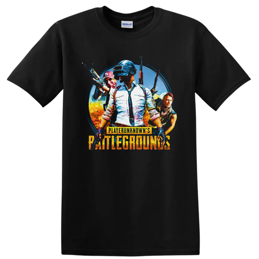 PUBG Battlegrounds helmeted soldier and armed squad action poster graphic on a Black T Shirt