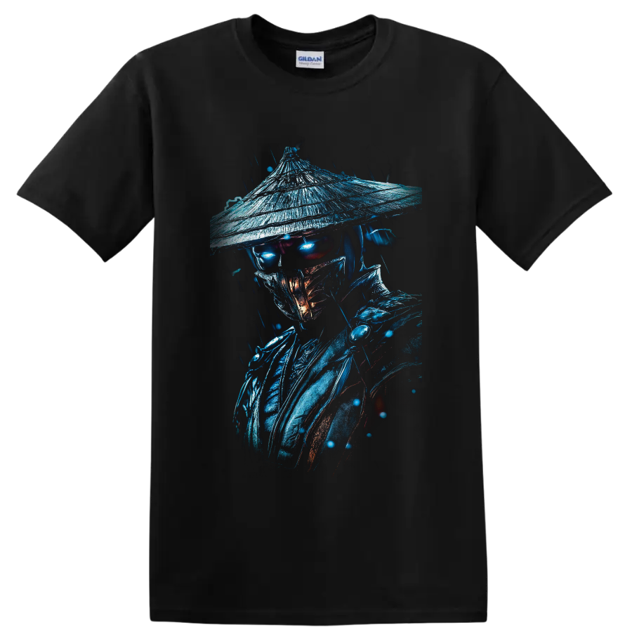 Raiden in rain with glowing blue eyes, straw hat, and dark fantasy armor on a Black T Shirt
