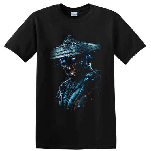 Raiden in rain with glowing blue eyes, straw hat, and dark fantasy armor on a Black T Shirt