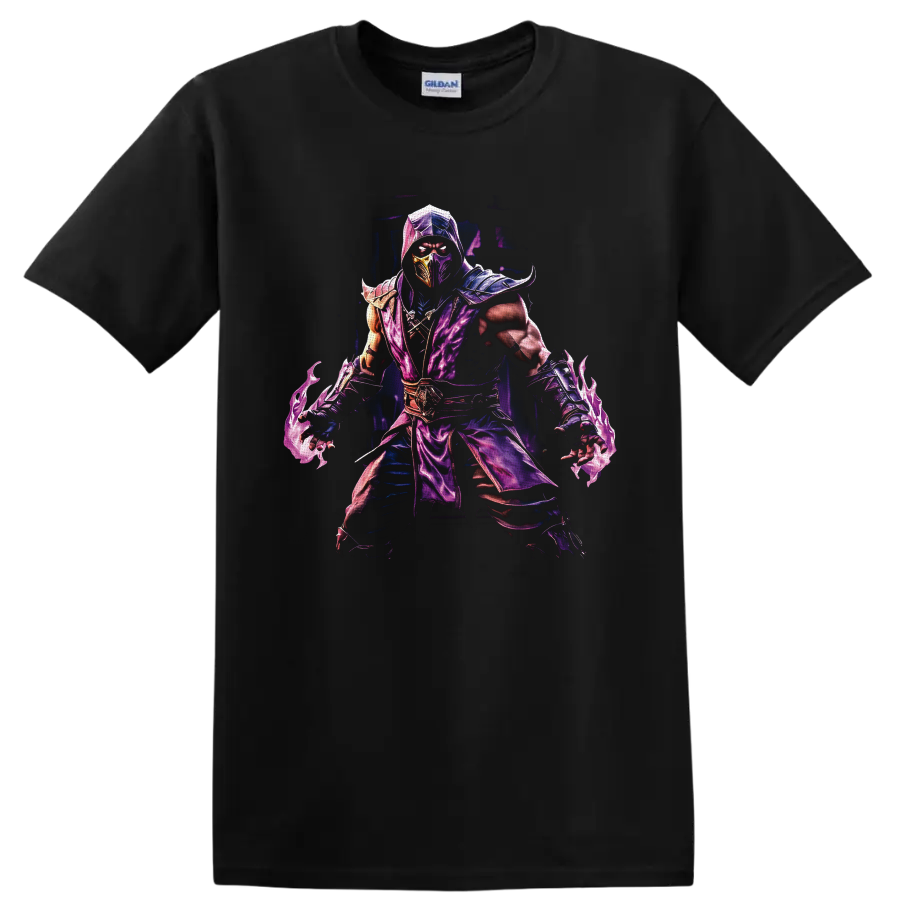 Rain Mortal Kombat purple masked ninja with armor and swirling water energy on a Black T Shirt