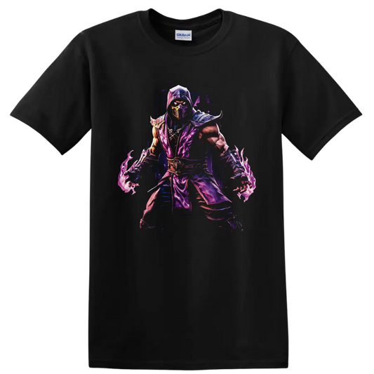 Rain Mortal Kombat purple masked ninja with armor and swirling water energy on a Black T Shirt