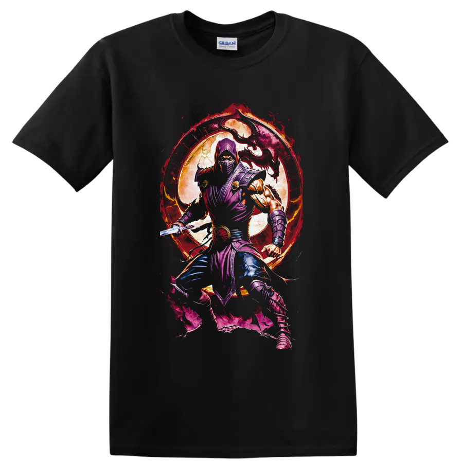 Rain purple ninja with sword, dragon silhouette, full moon, and fiery portal on a Black T Shirt