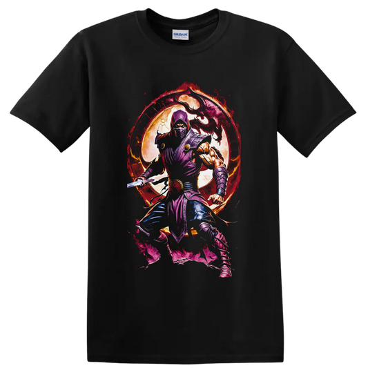 Rain purple ninja with sword, dragon silhouette, full moon, and fiery portal on a Black T Shirt