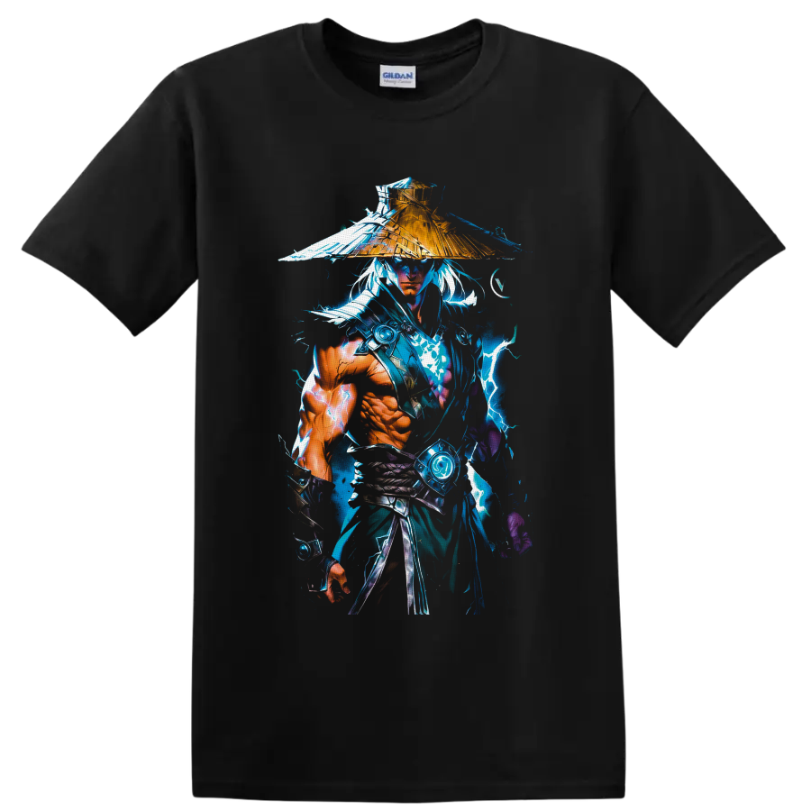 Raiden in straw hat with blue lightning, rain splashes, and anime-inspired warrior art on a Black T Shirt